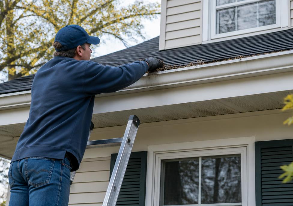 Worker cleaning debris from a residential gutter