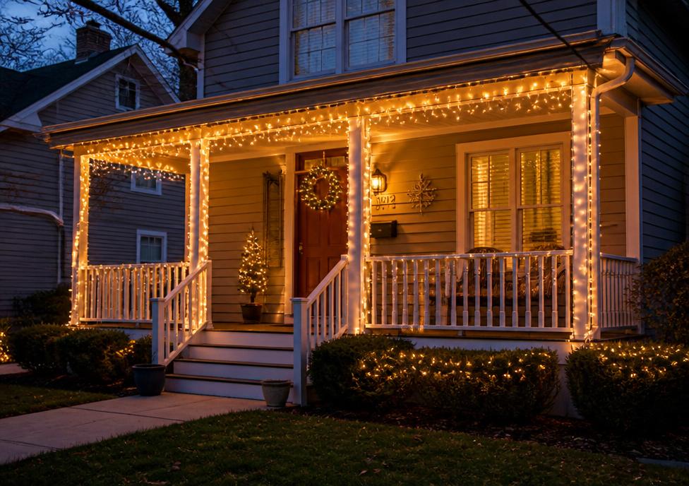 Suburban porch wrapped in warm holiday string lights