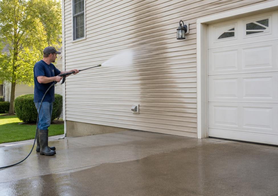Power washing a dusty driveway and siding