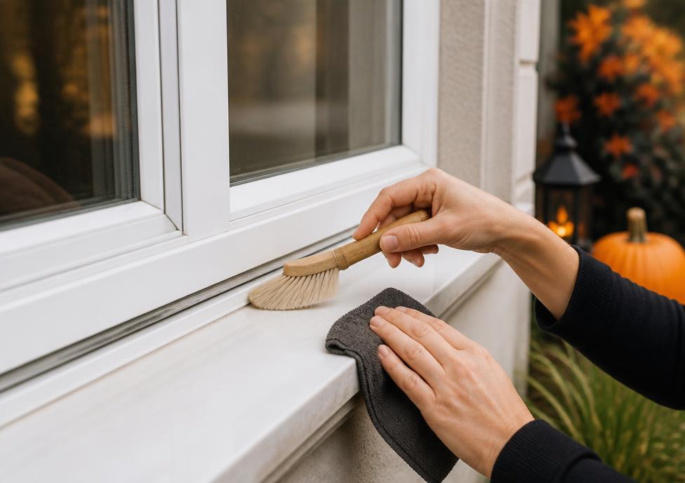 Hands cleaning a white residential window sill, frame, and glass